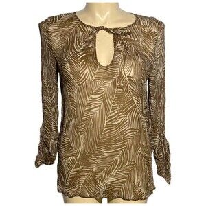 Talbots Top LARGE Silk Brown Ivory Palm Leaf Print Crinkle Blouse Beach Sheer‎